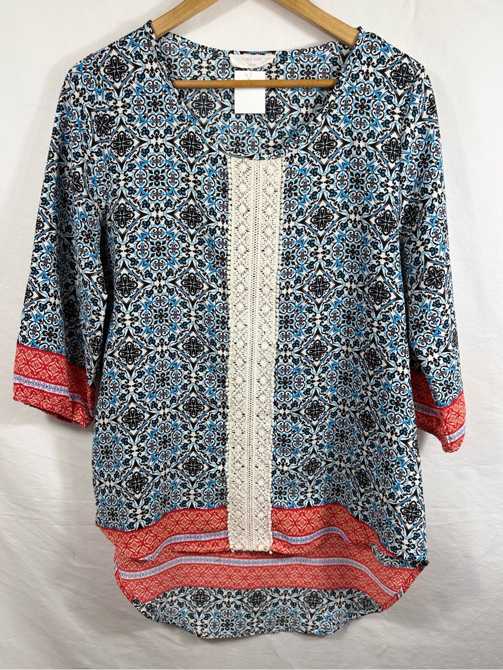 Peach Love California Multi Colored Patterned Tunic with Lace Placket